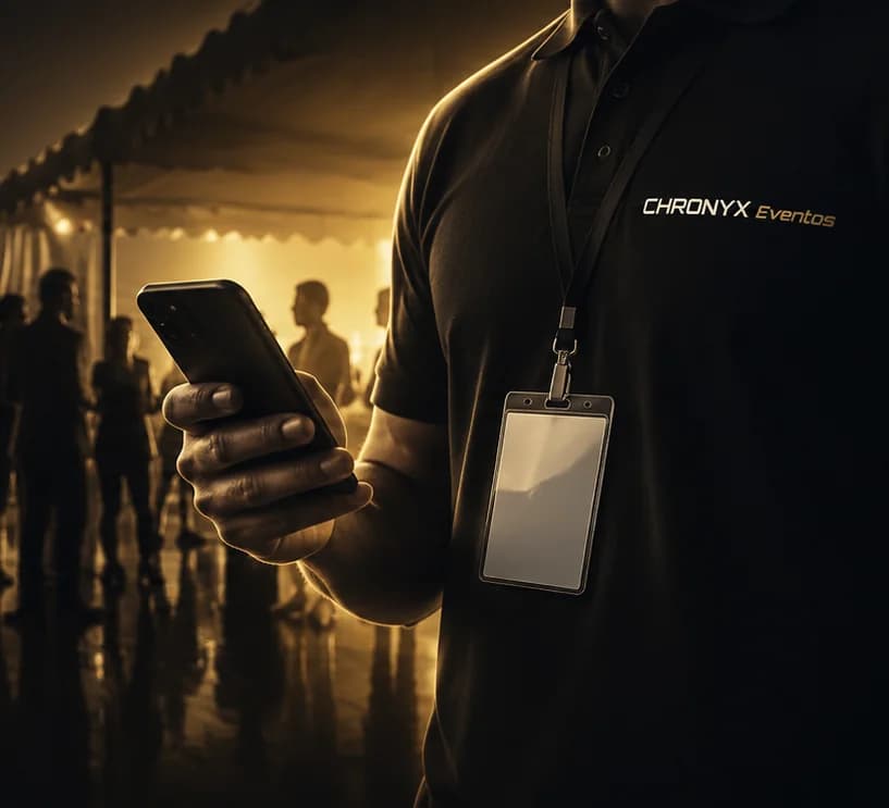 Chronyx Eventos — prestador segurando celular com camisa e crachá